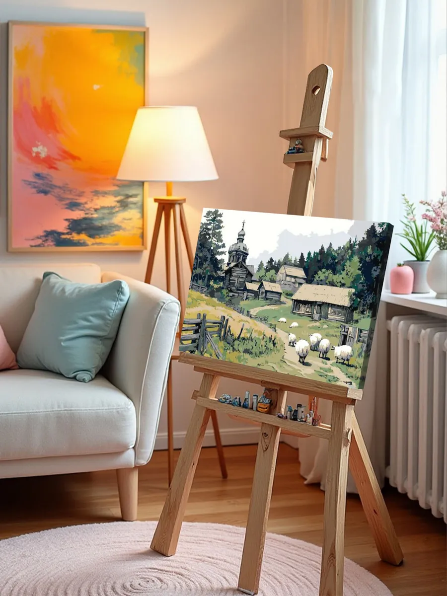 Картина по номерам «Пейзаж: церковь в деревне, белые овечки» — картинка 10
