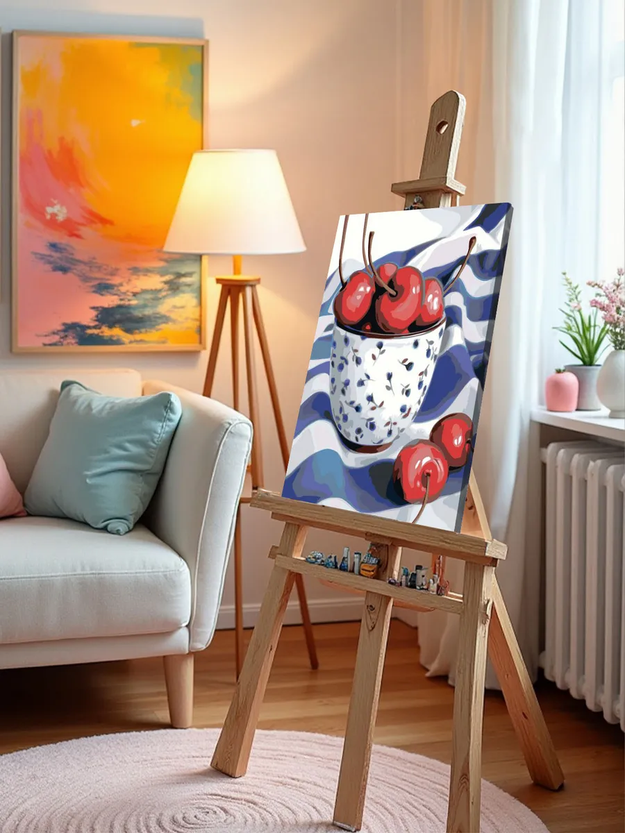 Картина по номерам «Натюрморт: вишни в чашке на столе» — картинка 10