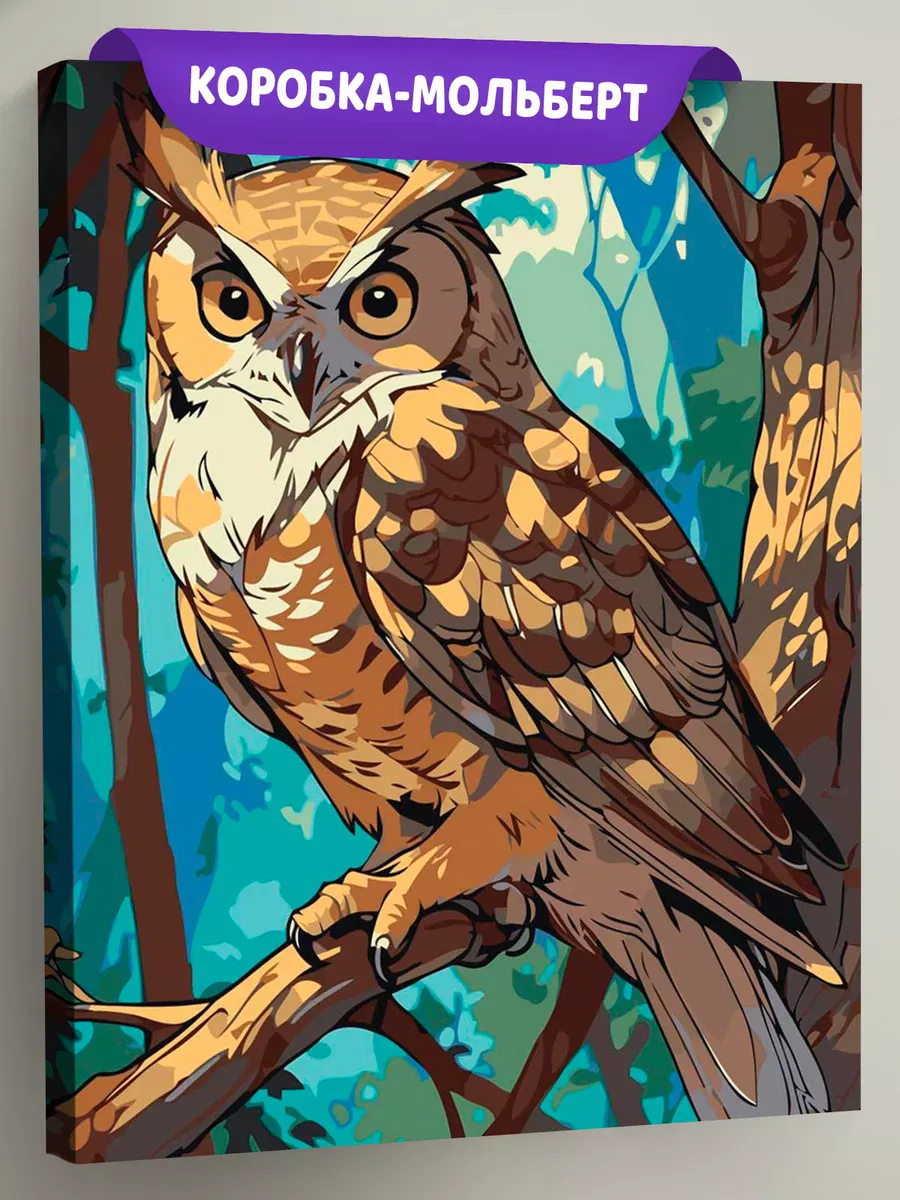 Картина по номерам «Животные: птица сова на дереве в лесу»