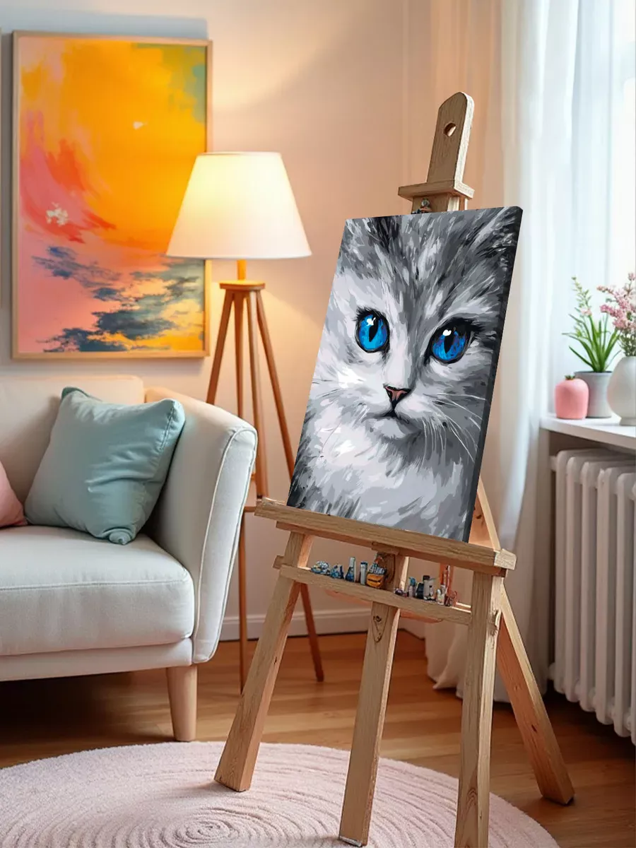 Картина по номерам «Кошки: серый котенок с голубыми глазами» — картинка 9