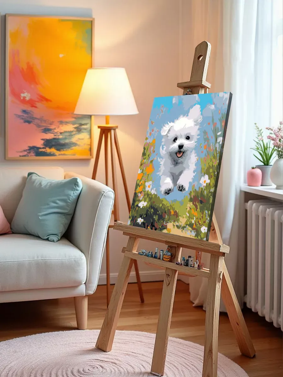 Картина по номерам «Собаки: белая болонка среди цветов» — картинка 9