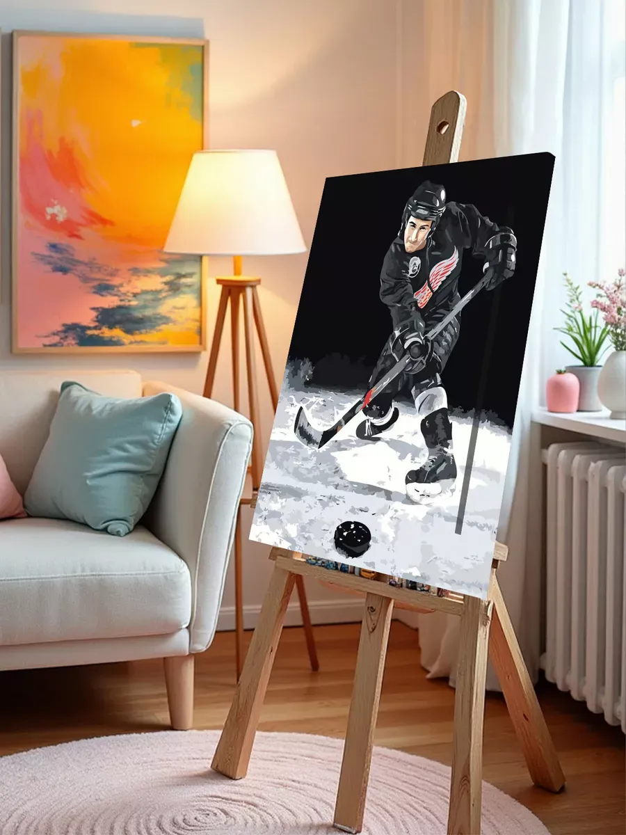 Картина по номерам «Хоккей, спорт: хоккеист бьет по воротам» — картинка 9
