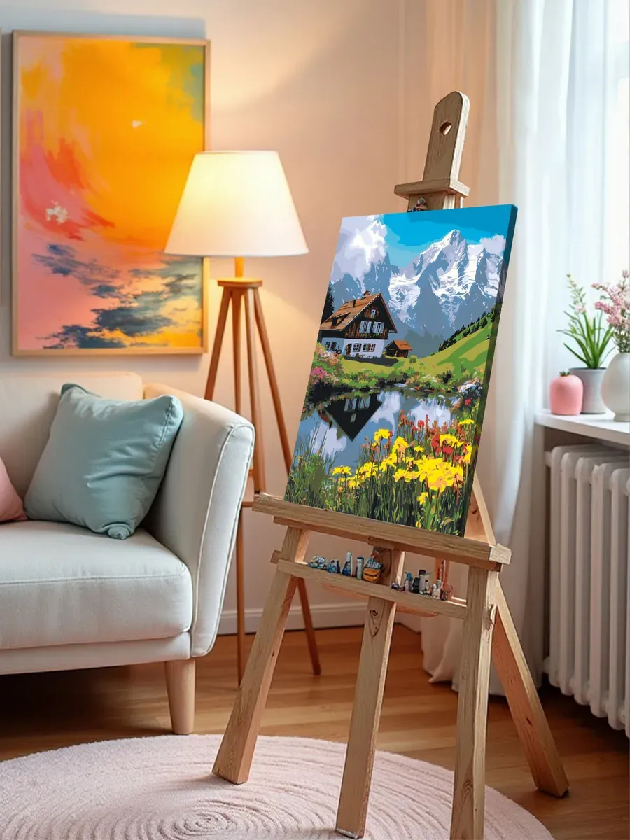 Картина по номерам Пейзаж горы домик озеро и цветы — картинка 10