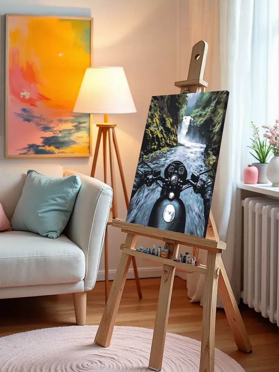 Картина по номерам Пейзаж мотоцикл и горная река — картинка 9