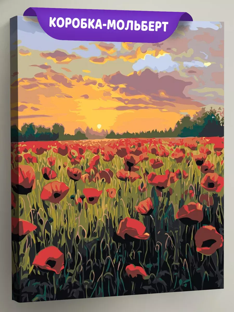 Картина по номерам Пейзаж цветы маки в поле на закате