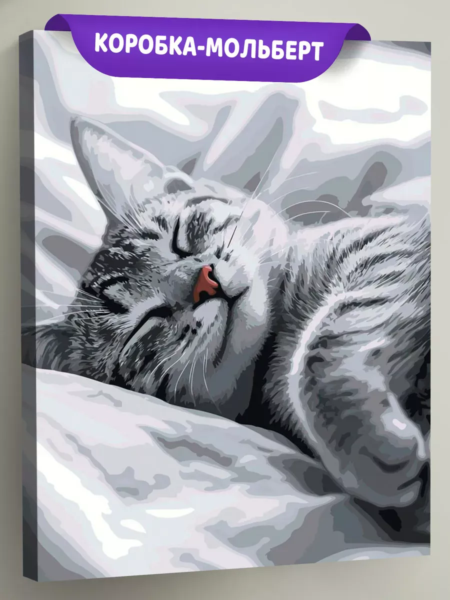 Картина по номерам Кошки серый котенок на кровати Картина по номерам Кошки серый котенок на кровати