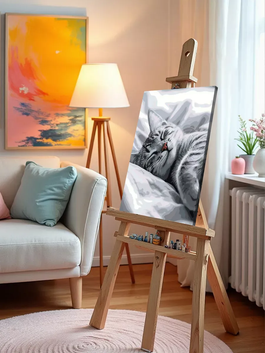 Картина по номерам Кошки серый котенок на кровати — картинка 10