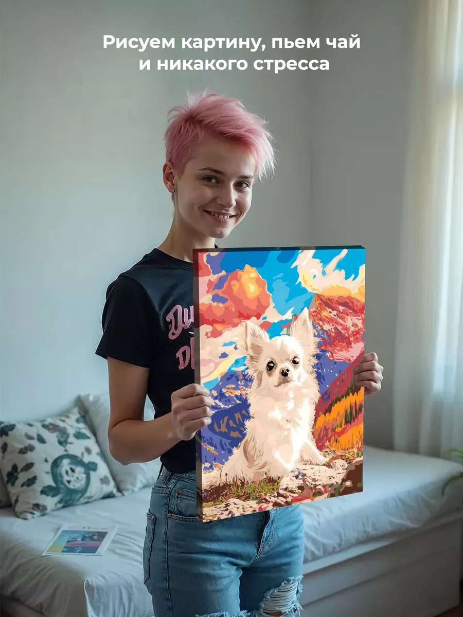 Картина по номерам Собака чихуахуа на фоне разноцветных гор — картинка 7