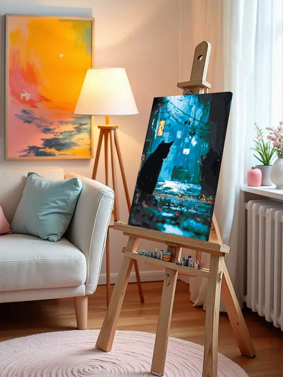 Картина по номерам Черный кот под дождем на улице города — картинка 9