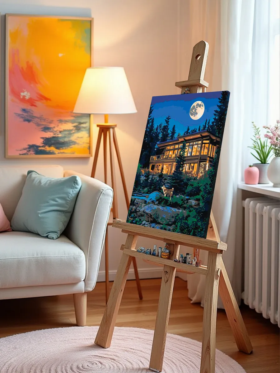 Картина по номерам Волк и домик в лесу на фоне луны — картинка 10