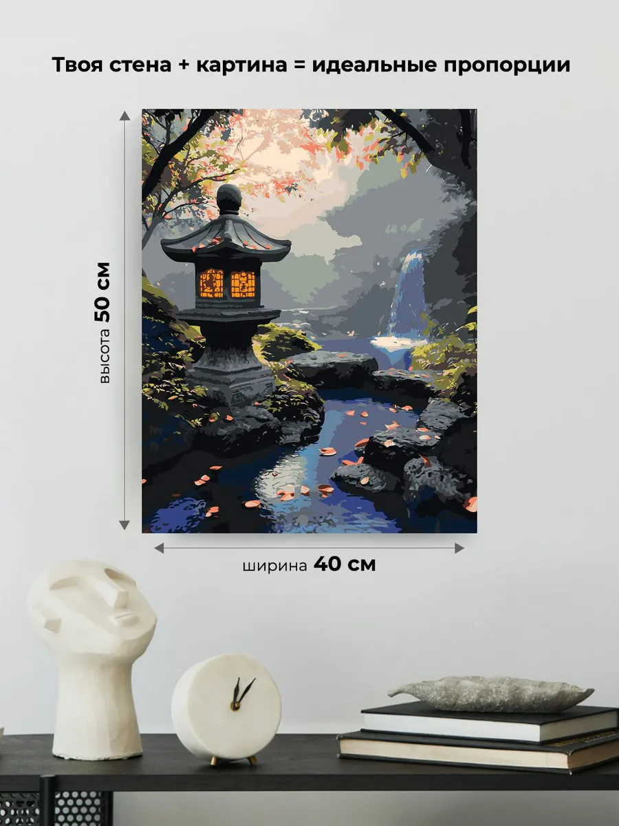 Картина по номерам Японский сад с водопадом и фонариком — картинка 3