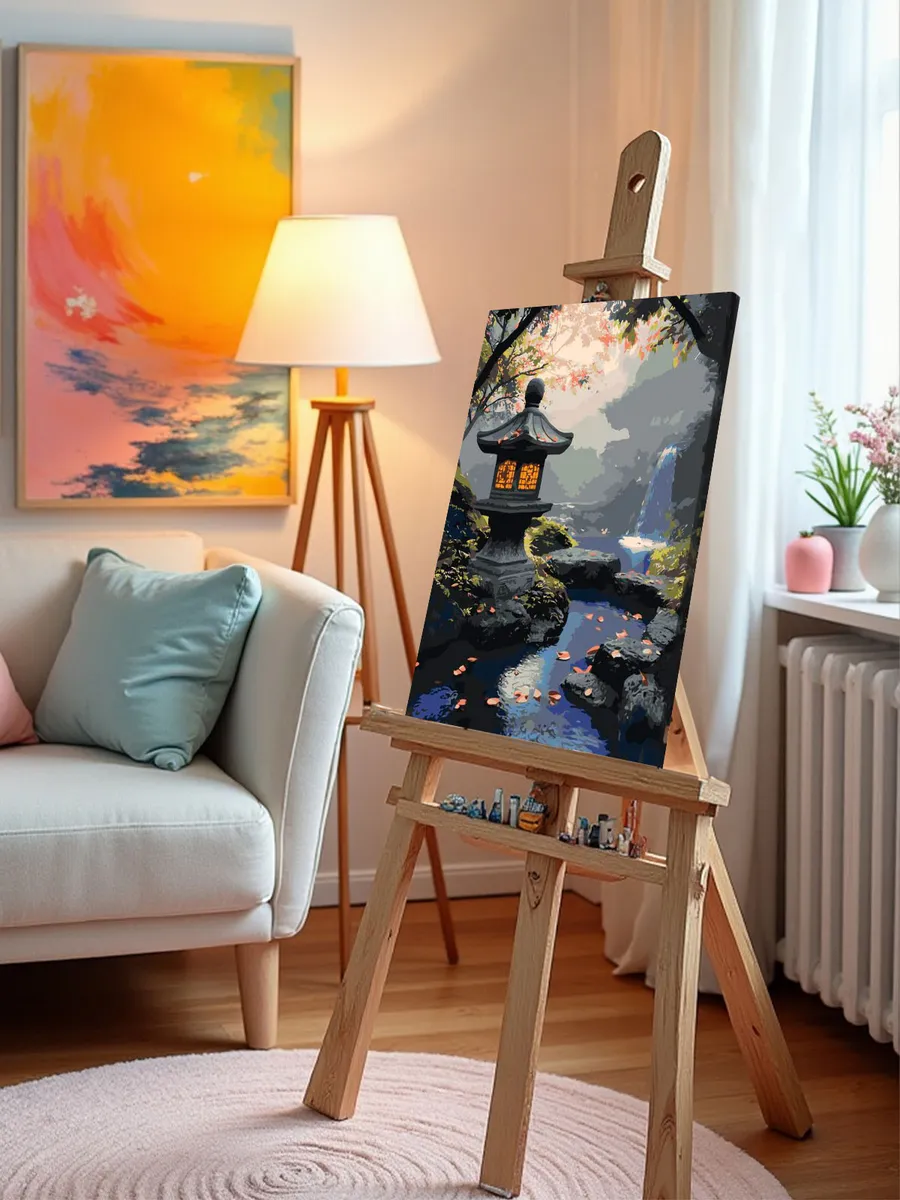 Картина по номерам Японский сад с водопадом и фонариком — картинка 9