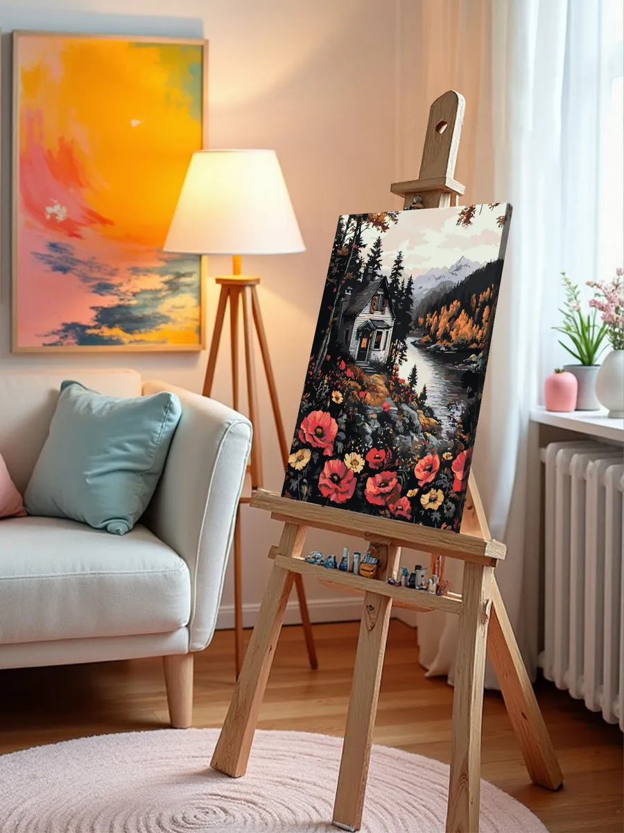 Картина по номерам Пейзаж с маками и домиком в осеннем лесу — картинка 10