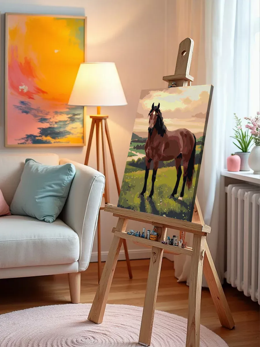 Картина по номерам Лошадь на лугу на закате Символ года — картинка 10