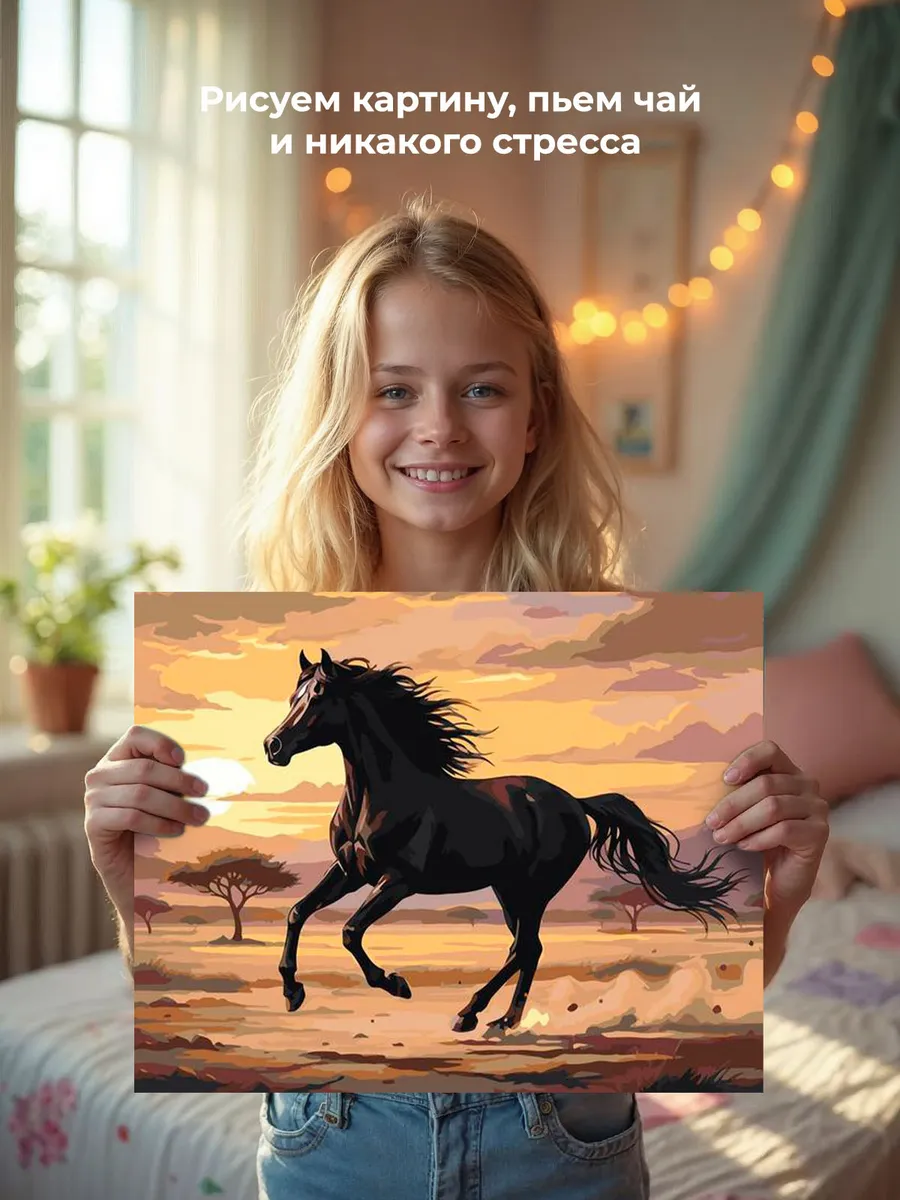 Картина по номерам Черная лошадь на закате Символ года — картинка 7