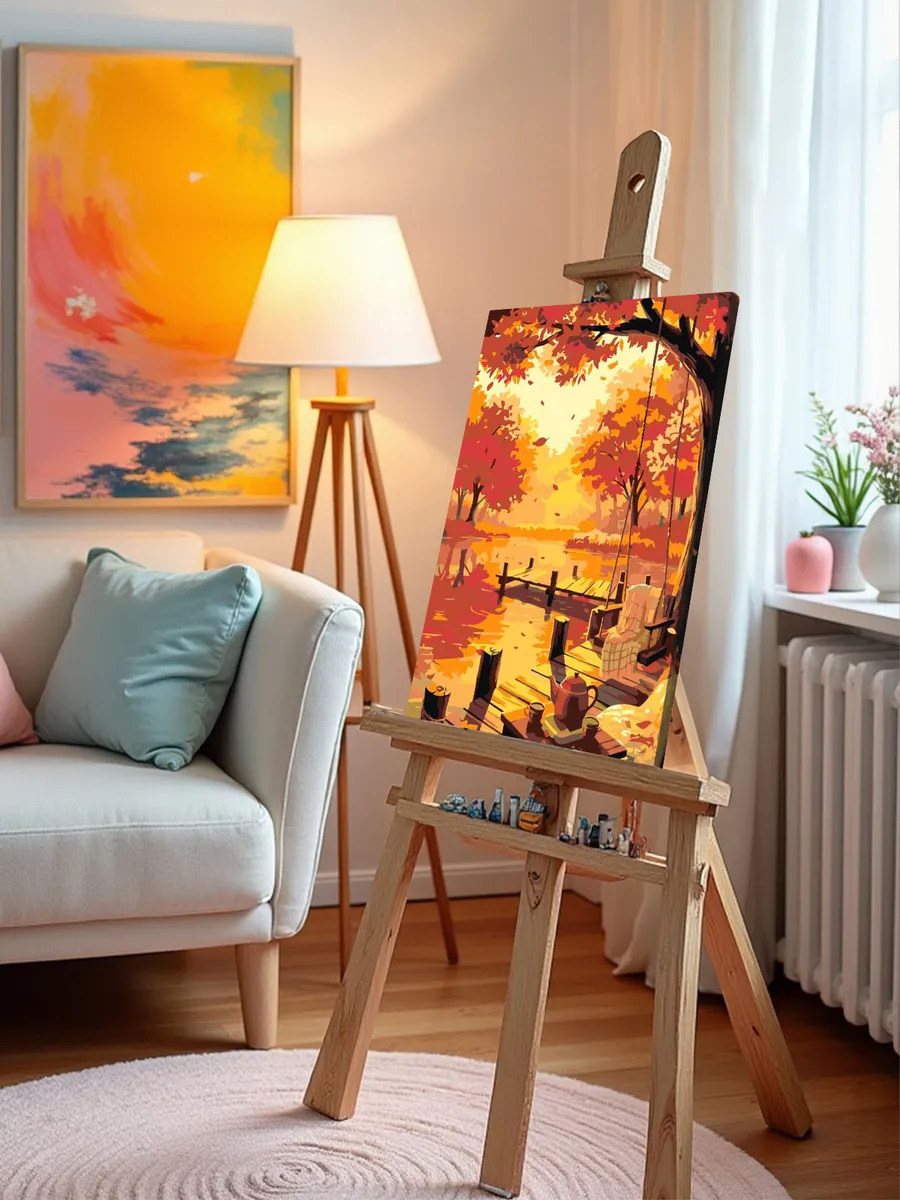 Картина по номерам Причал и качели на берегу озера осенью — картинка 10