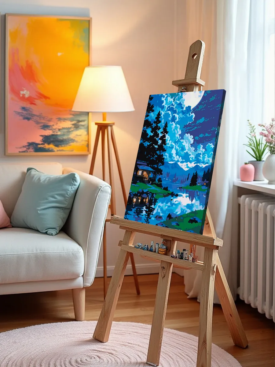 Картина по номерам Домик на берегу озера в горах под луной — картинка 10