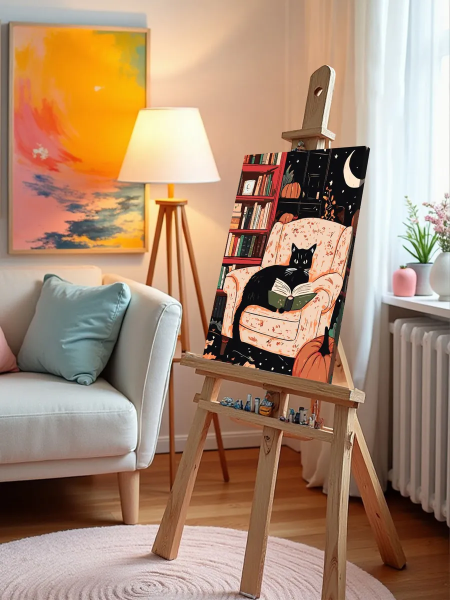 Картина по номерам Черная кошка с книгой в кресле и тыквы — картинка 10