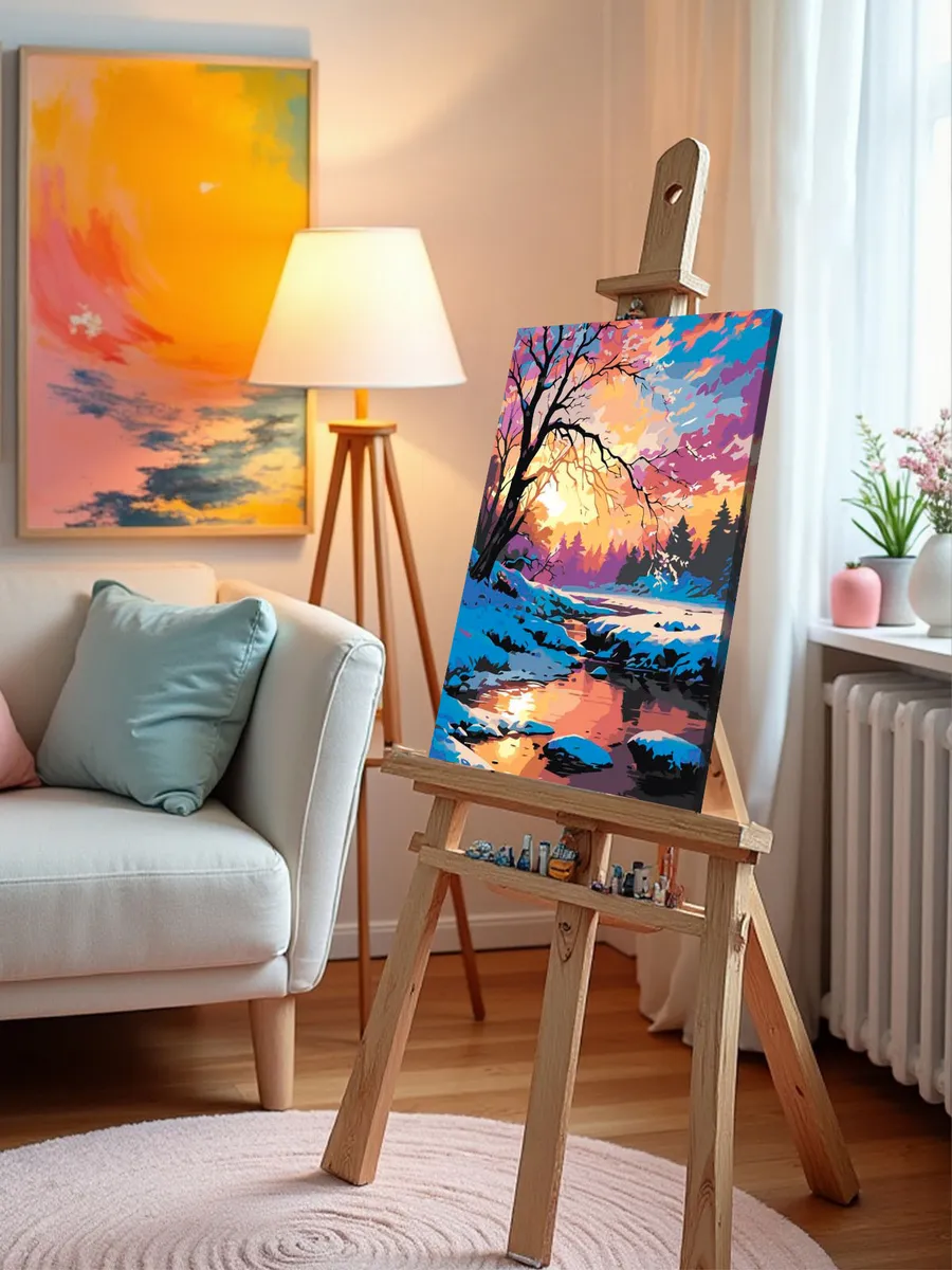 Картина по номерам Зимний ручей в лесу на рассвете — картинка 10