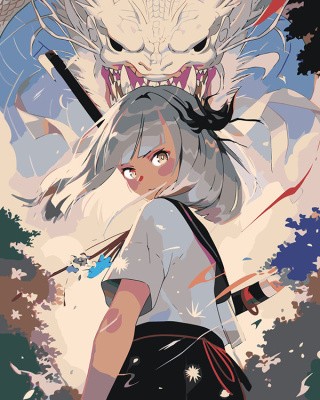 Картина по номерам «Аниме: Девушка с катаной и белый дракон»