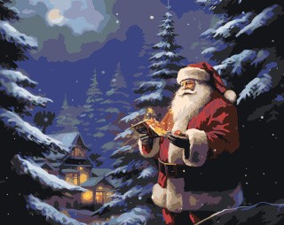 Картина по номерам «Новогодняя: Дед Мороз в ночном зимнем лесу»