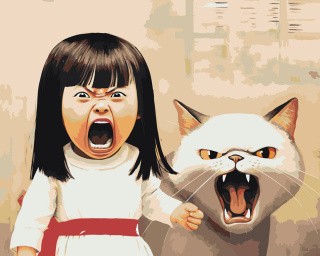 Картина по номерам «Кричащие девочка и белый кот»