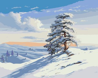 Картина по номерам «Зима: Пейзаж с сосной в снежных горах»