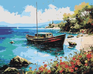 Картина по номерам «Море: Яхта в цветочной бухте»