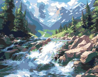Картина по номерам «Природа: Пейзаж с ручьем возле леса в горах»