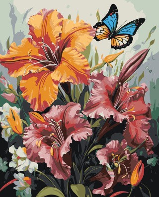 Картина по номерам «Цветы: Лилейники и яркая бабочка»