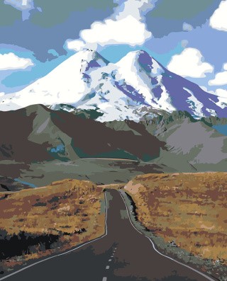 Картина по номерам «Пейзаж дорога и гора Эльбрус в снегу»