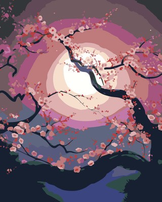Картина по номерам «Цветущая сакура в лунном свете»