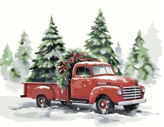 Картина по номерам «Рождество: Красный пикап и зеленые елки»