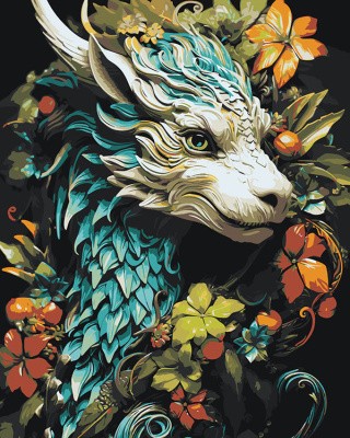 Картина по номерам «Лесной деревянный дракон в цветах»