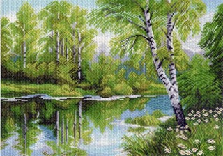Рисунок на канве «Берёзы у озера»