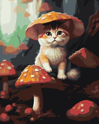 Картина по номерам «Котенок-гриб и мухоморы»