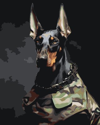 Картина по номерам «Собака доберман в камуфляже»
