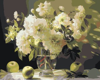 Картина по номерам «Цветы: Букет из белых георгин и яблоки»