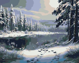 Картина по номерам «Зима: Снежный пейзаж с лесным озером»