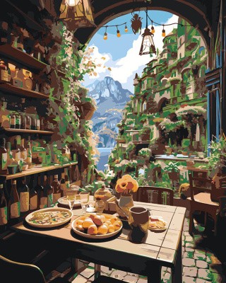 Картина по номерам «Природа: Вид из кафе на море в сказочном городе»