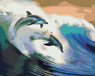 Картина по номерам «Море: Дельфины выпрыгивают из волны»