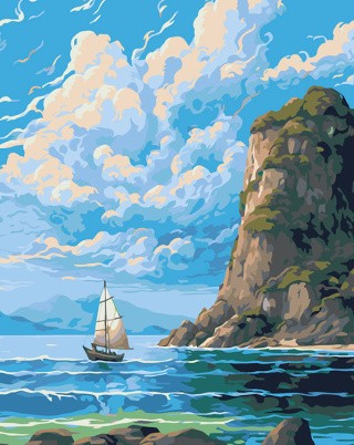 Картина по номерам «Природа: Пейзаж с лодкой на море и облачным небом»