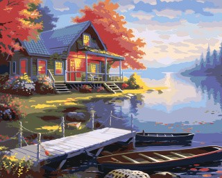 Картина по номерам «Природа: Пейзаж с домиком и лодками на берегу озера»
