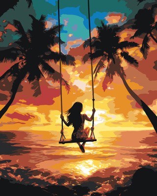 Картина по номерам «Природа: Девушка на качелях на берегу моря с пальмами»