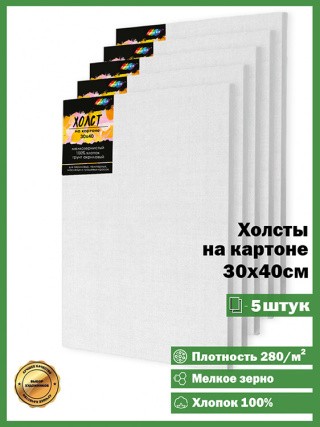 Комплект из 5 штук Холстов на картоне 280 г/м2, 30x40 см