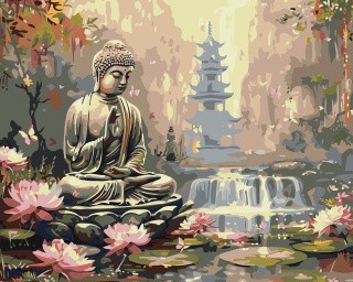Картина по номерам «Религия буддизм: Будда, озеро и лотосы»