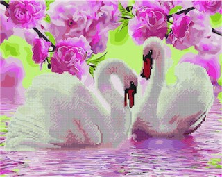 Алмазная картина-раскраска «Лебеди под цветущими ветвями»