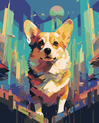 Картина по номерам «Собака корги и город будущего»