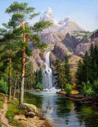 Алмазная вышивка «Водопад в горах»