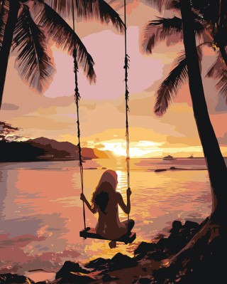 Картина по номерам «Природа: Девушка на качелях на берегу моря с пальмами 2»